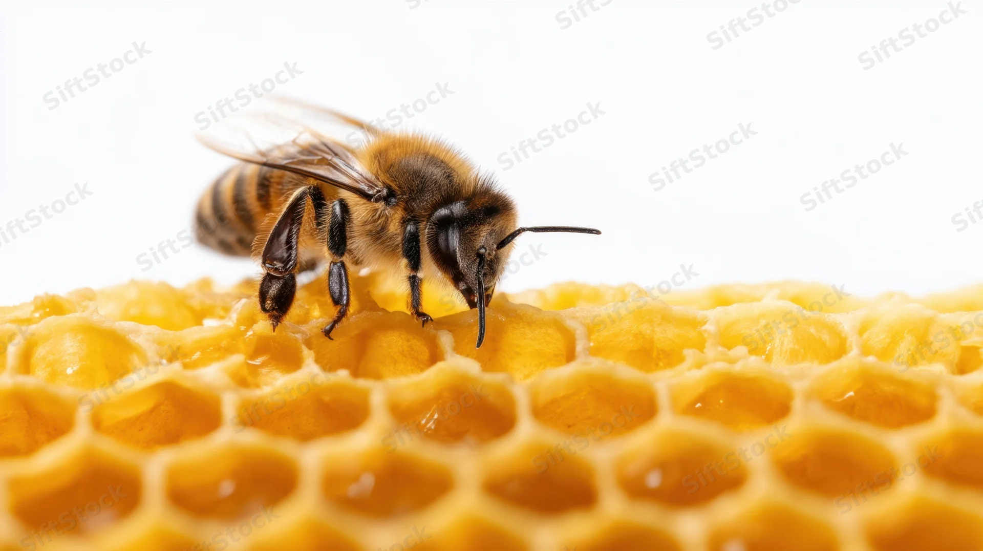 Bee feeding on honeycomb surface isolated on white background