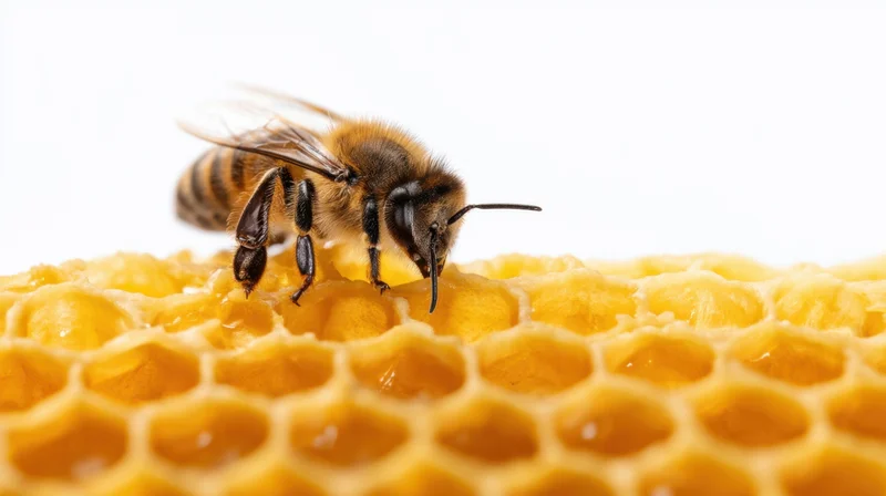 Bee feeding on honeycomb surface isolated on white background