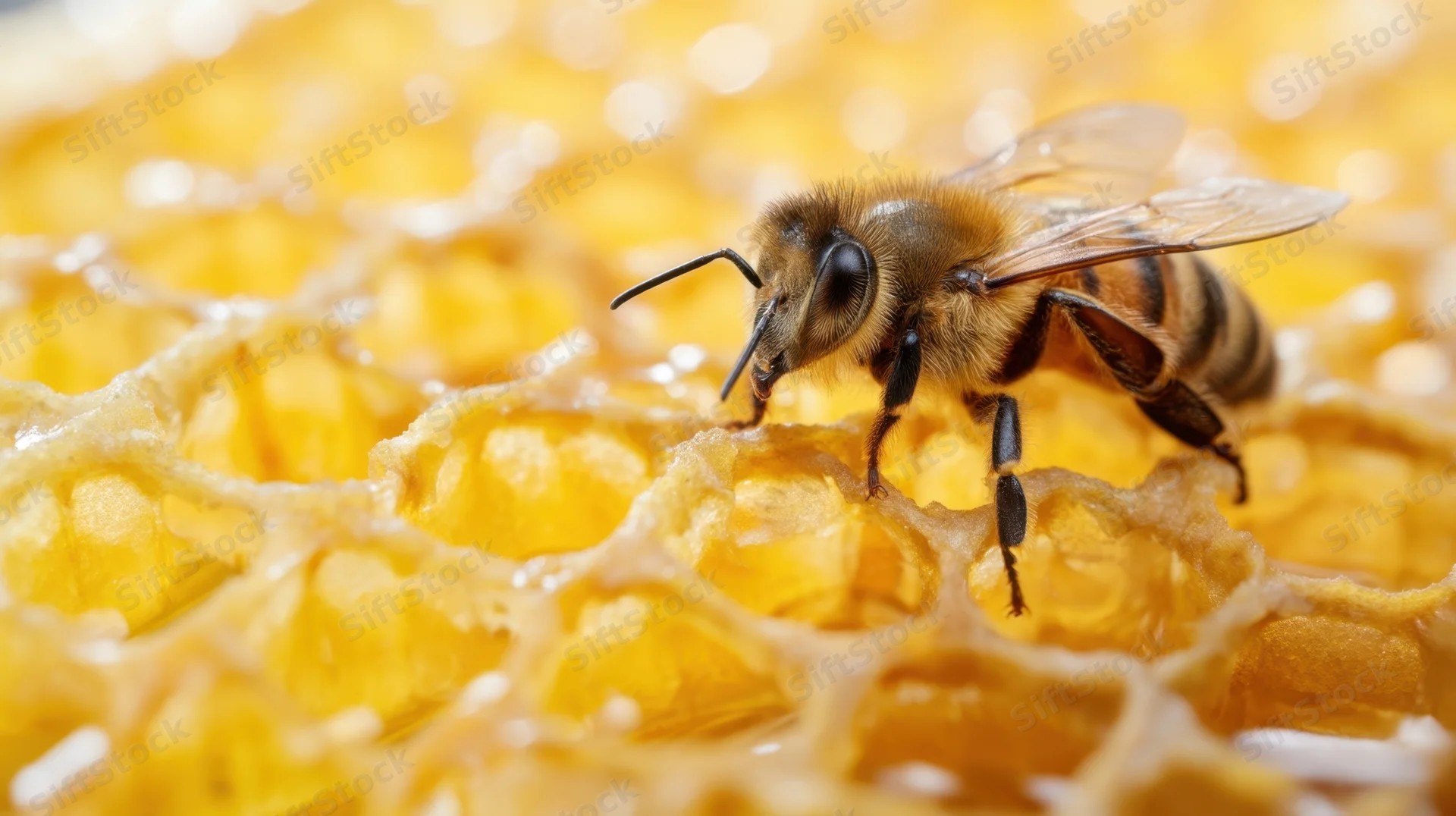 Honeybee on honeycomb surface in closeup view