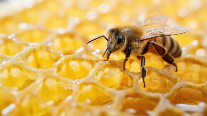 Honeybee on honeycomb surface in closeup view