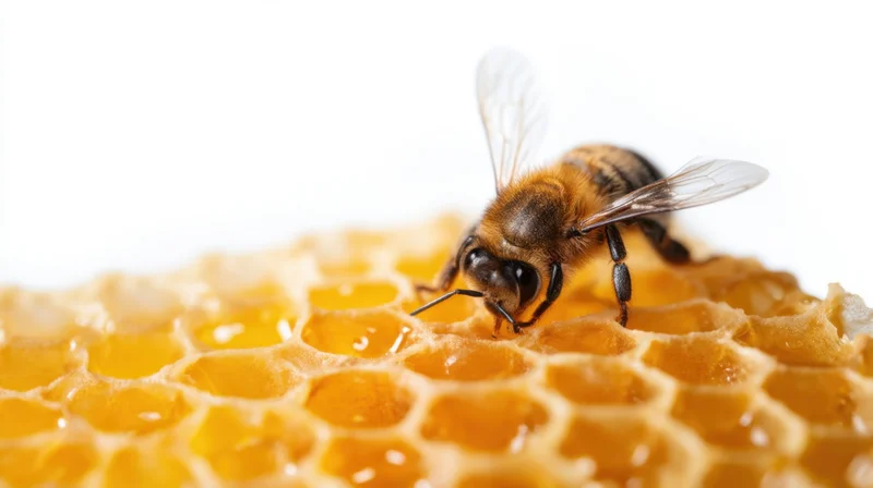 Bee feeding on honeycomb with translucent wings and golden cells, isolated on white