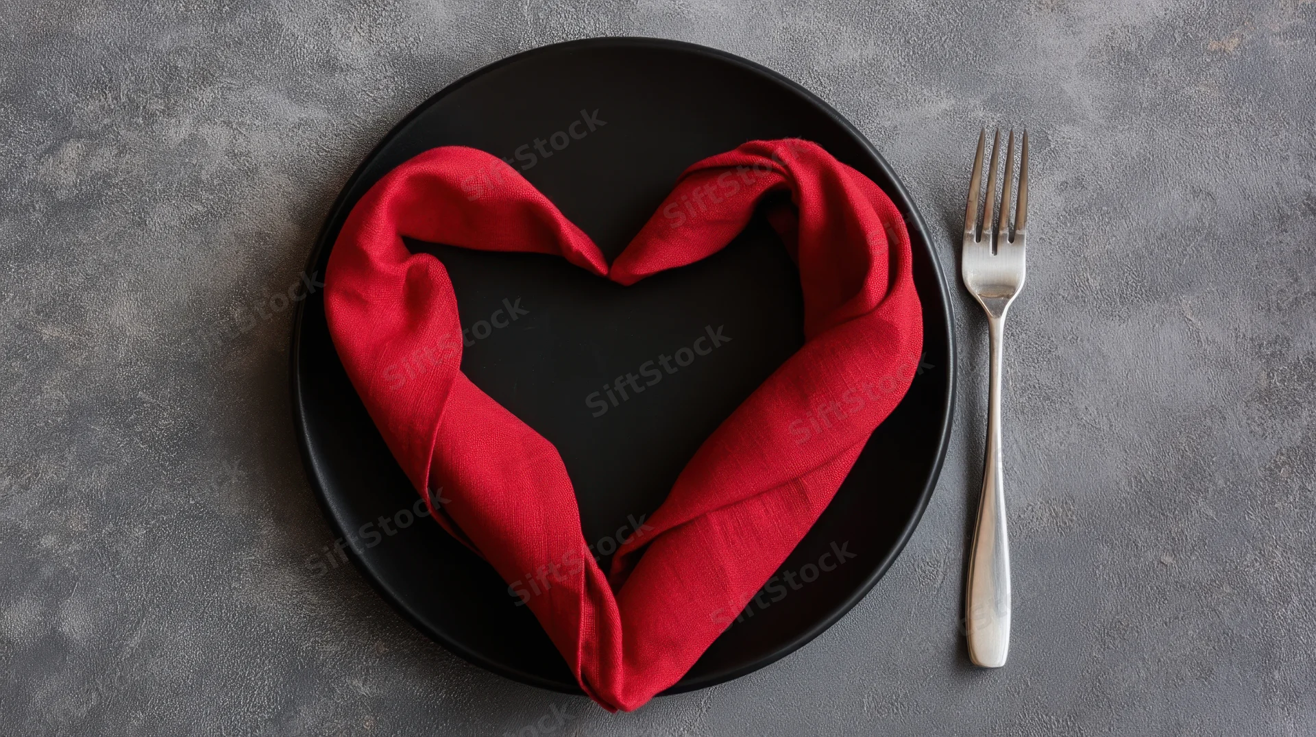 Red napkin folded into heart shape on black plate with fork beside it on gray surface