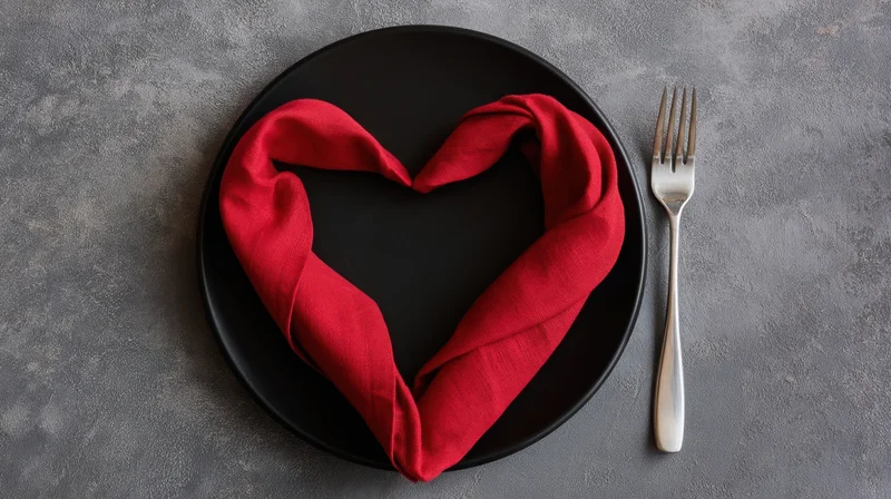 Red napkin folded into heart shape on black plate with fork beside it on gray surface