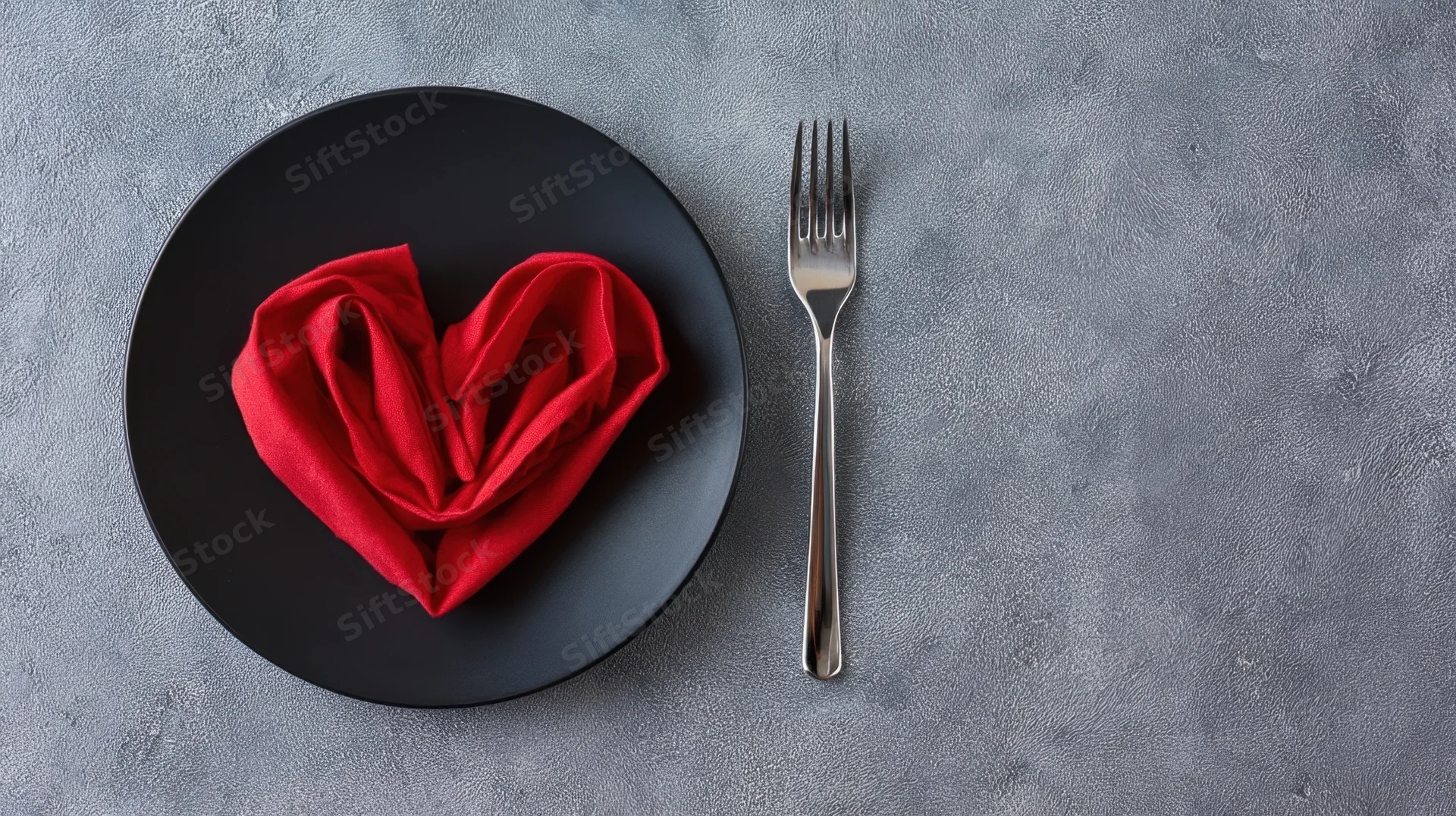 Red napkin folded into heart shape on black plate with fork beside on gray surface