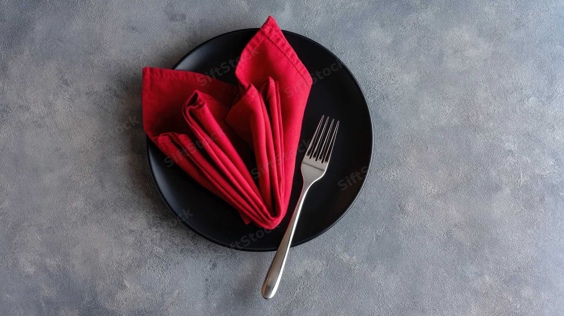 Black plate with red folded napkin and fork on gray concrete surface
