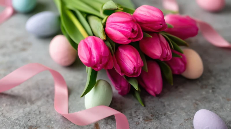 A bouquet of pink tulips with pastel eggs and ribbon arranged on a textured concrete surface for Easter decoration