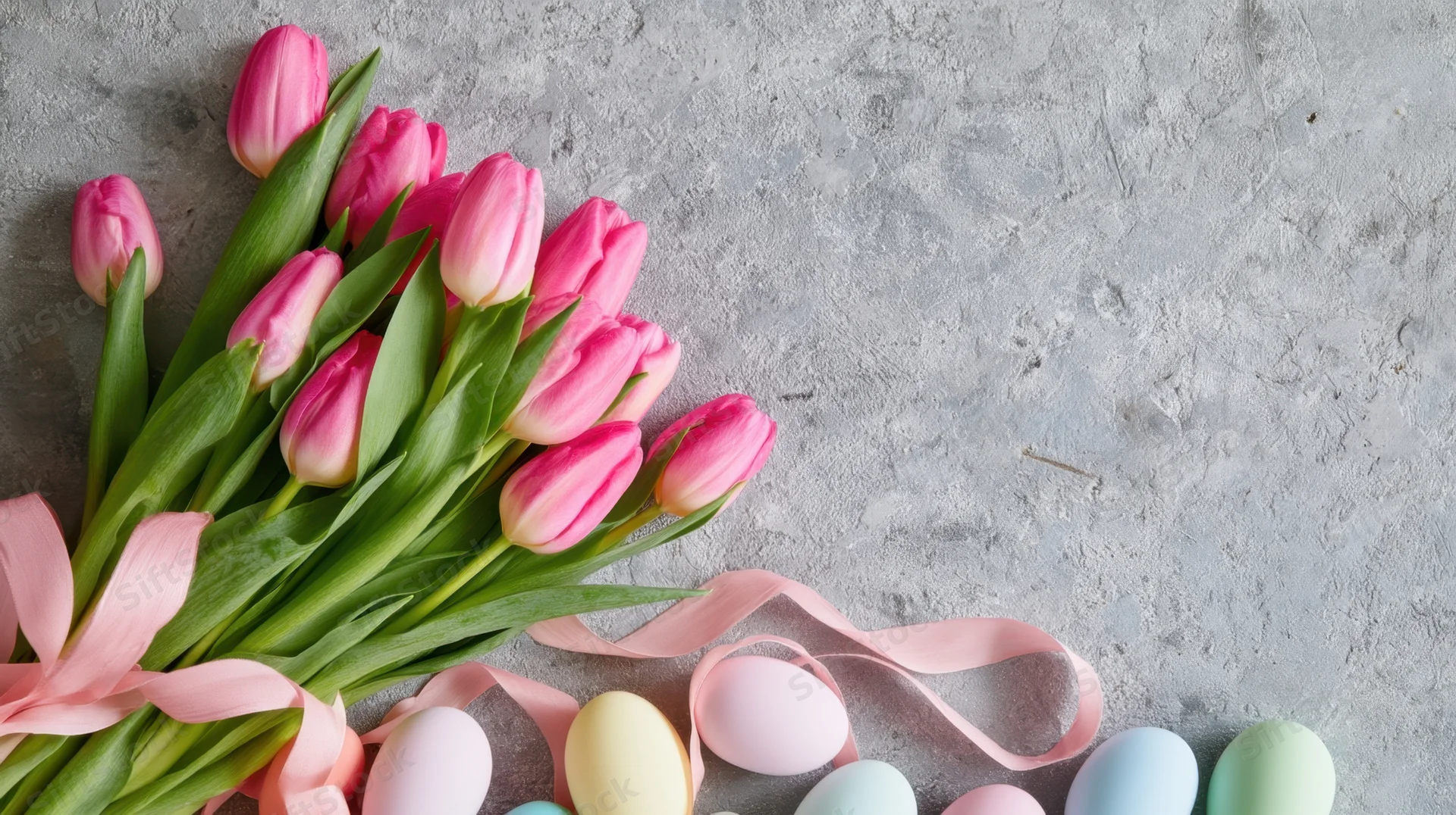Bouquet of pink tulips with pastel eggs and ribbon on concrete surface