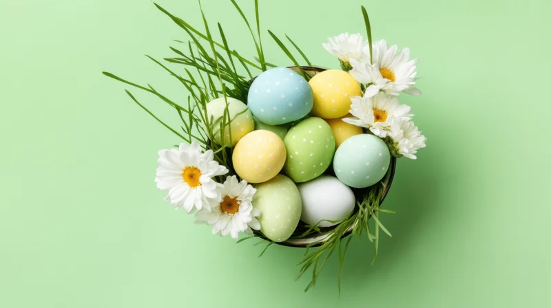 Pastel decorated eggs and white daisies in a bowl with grass on a green background