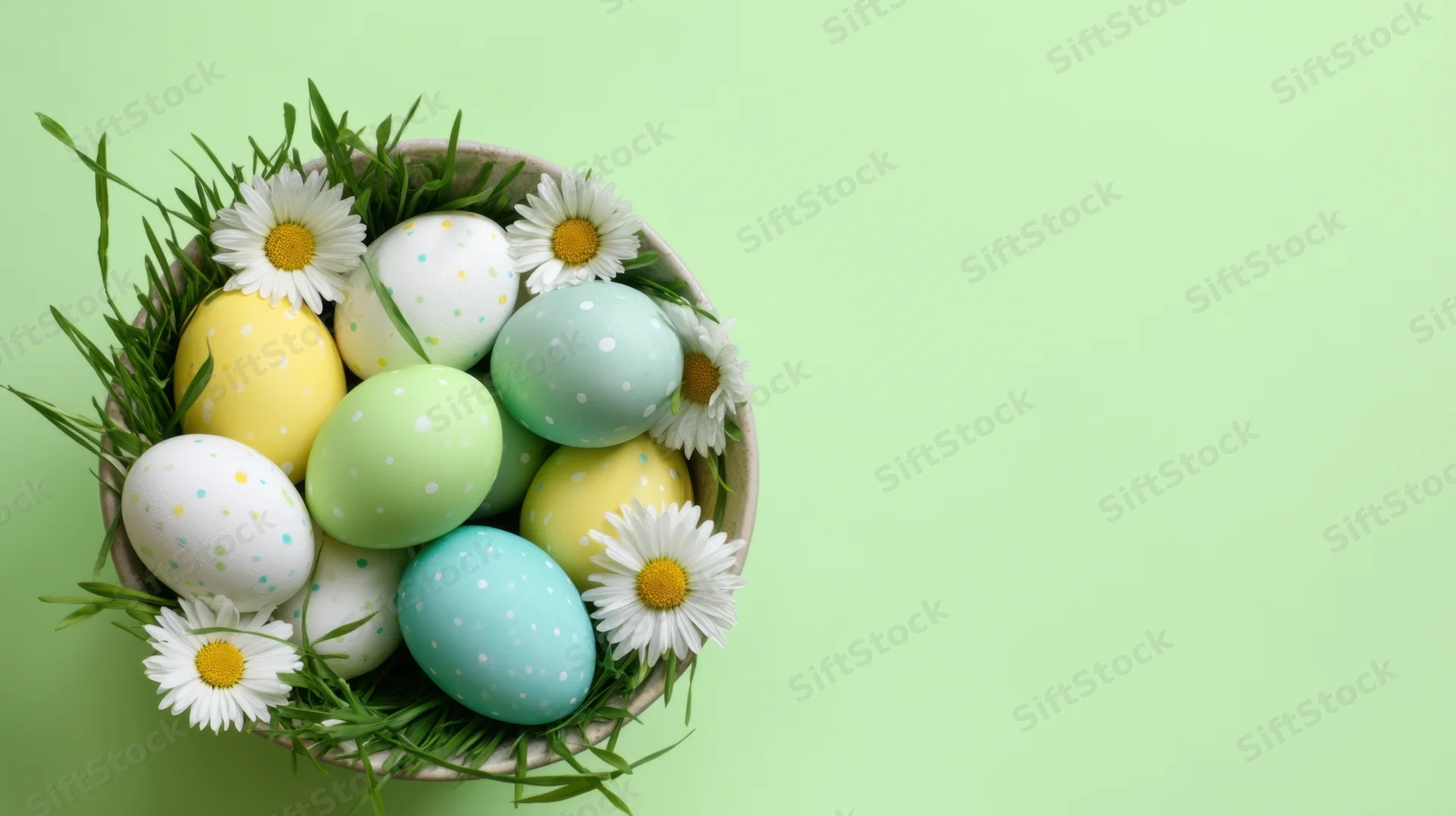 Colorful easter eggs with daisies and grass in a bowl on a light green background