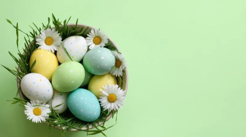 Colorful easter eggs with daisies and grass in a bowl on a light green background