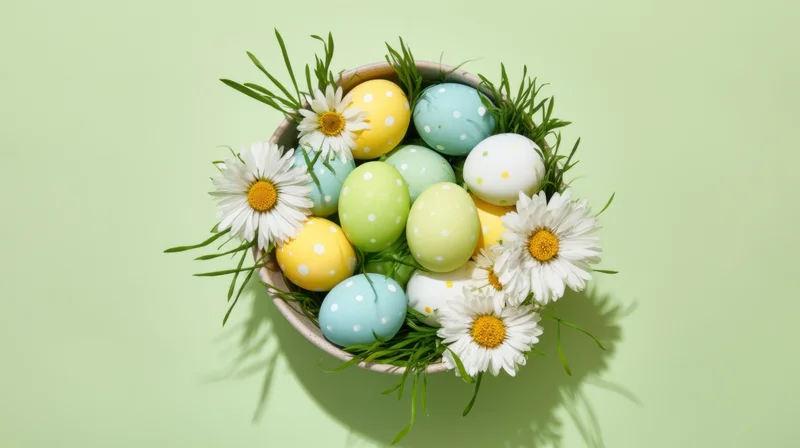 Pastel easter eggs with daisies and grass in a bowl on a light green background