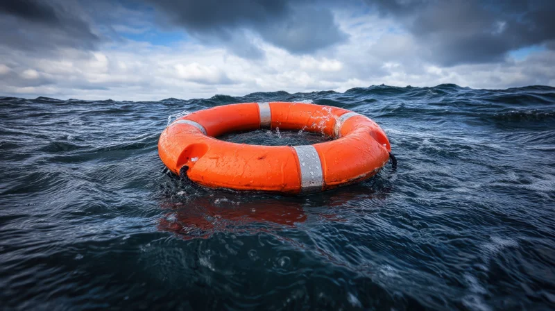 Orange lifebuoy floating on choppy ocean water under stormy sky