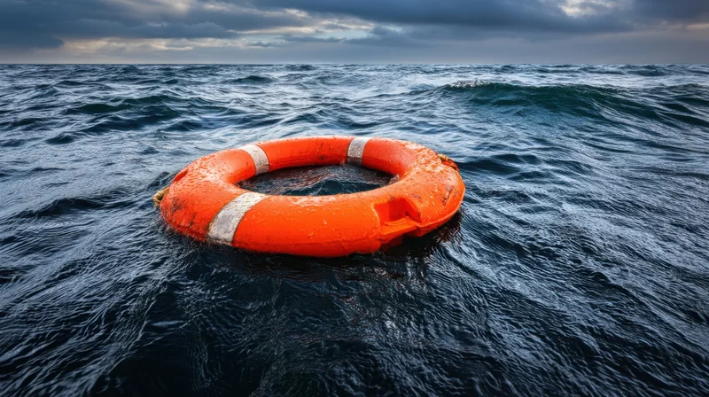 Orange lifebuoy floating on dark choppy ocean under stormy sky