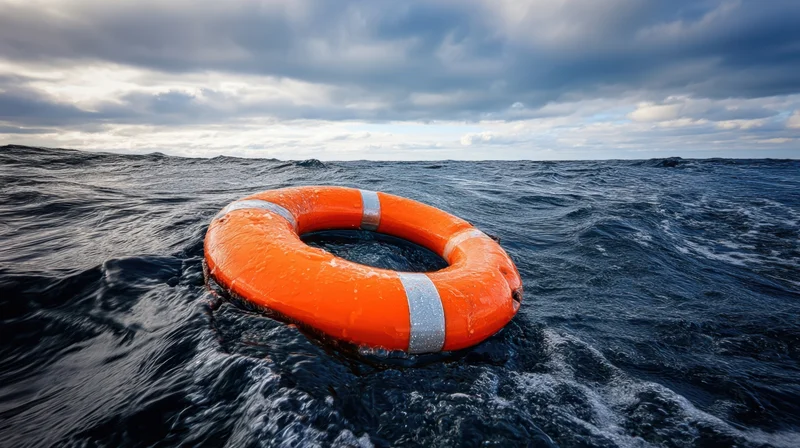 Orange lifebuoy floating on dark ocean waves under cloudy sky