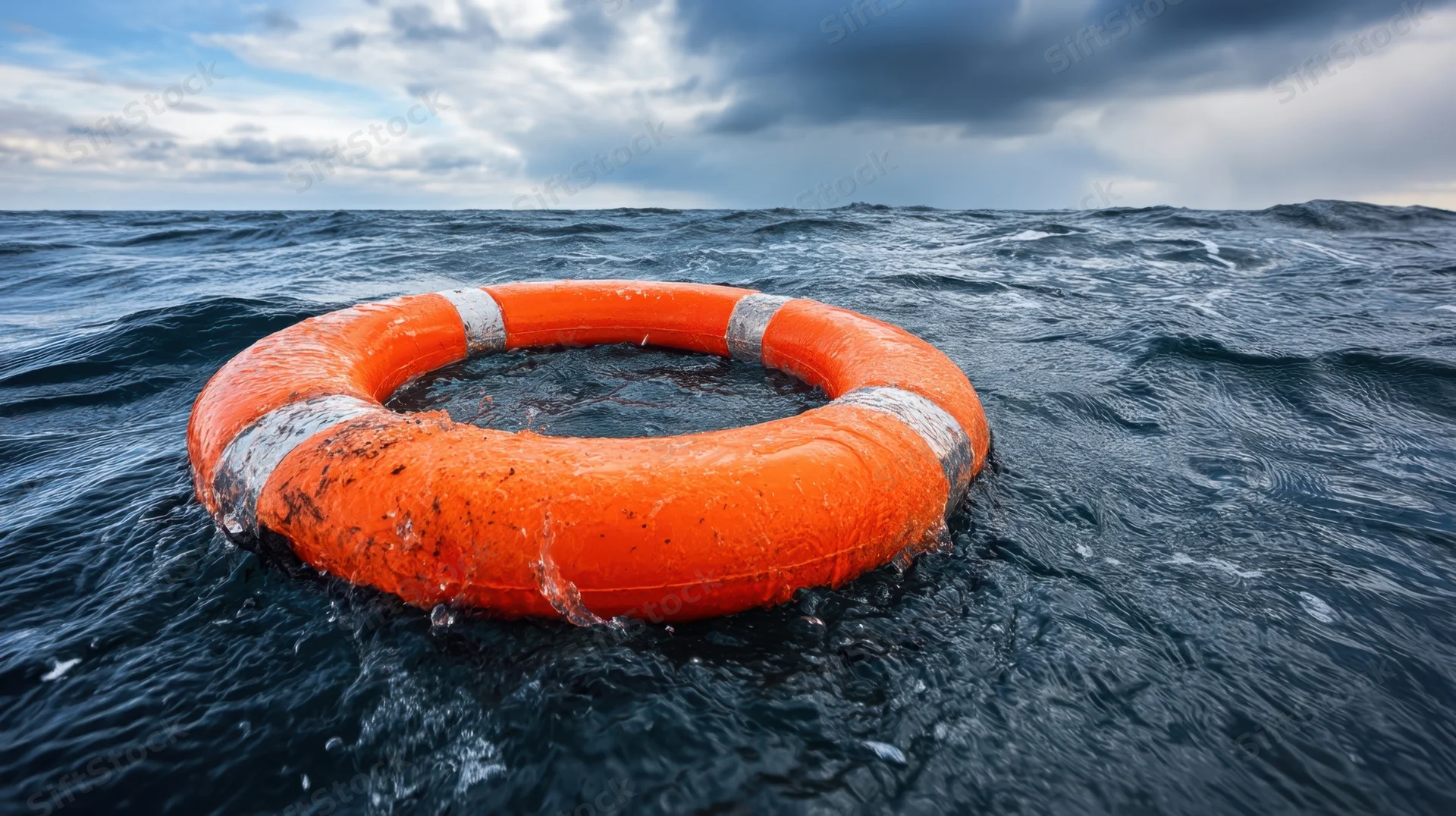 Orange lifebuoy floating on choppy ocean water under cloudy sky