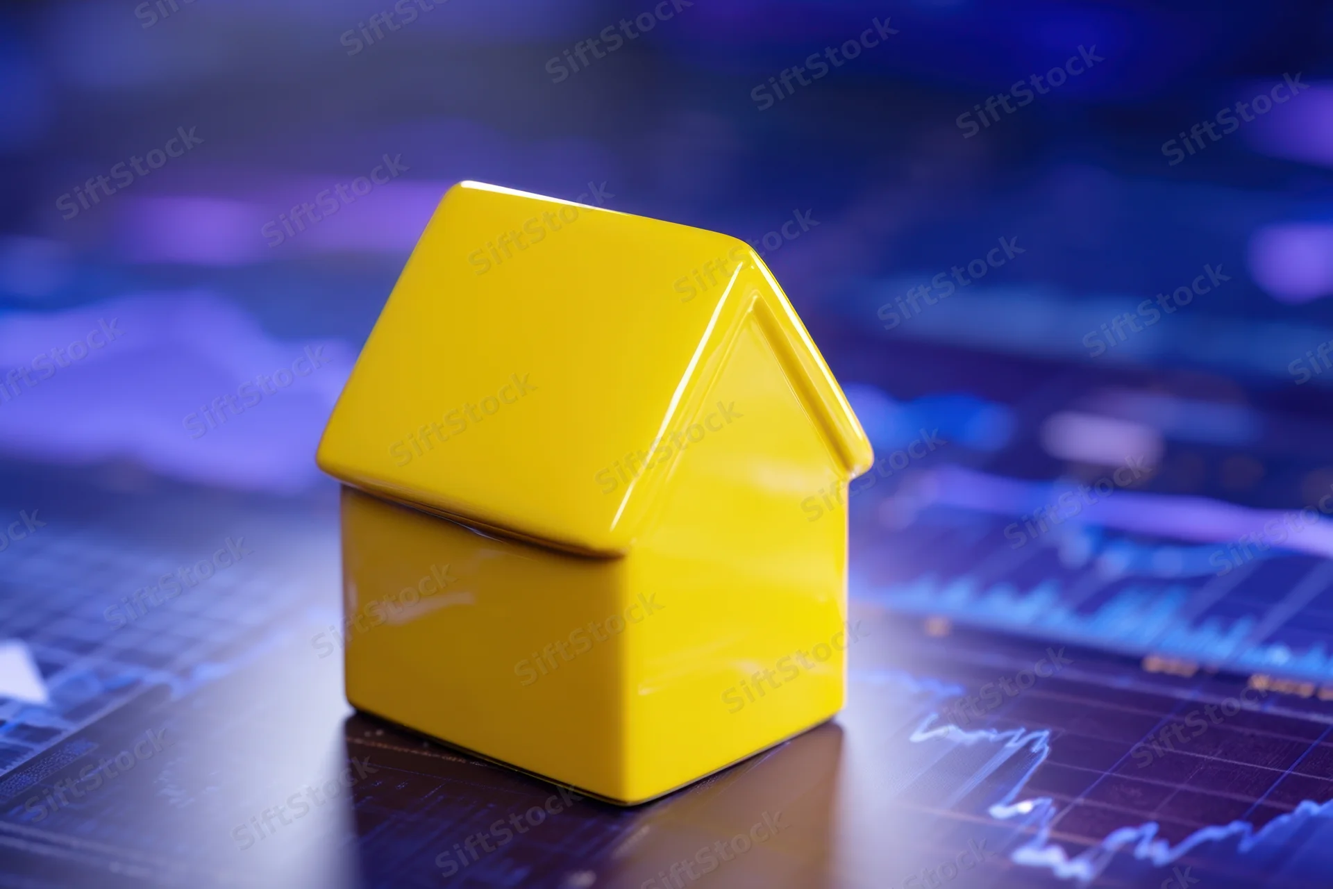 Yellow house model on digital financial graph display