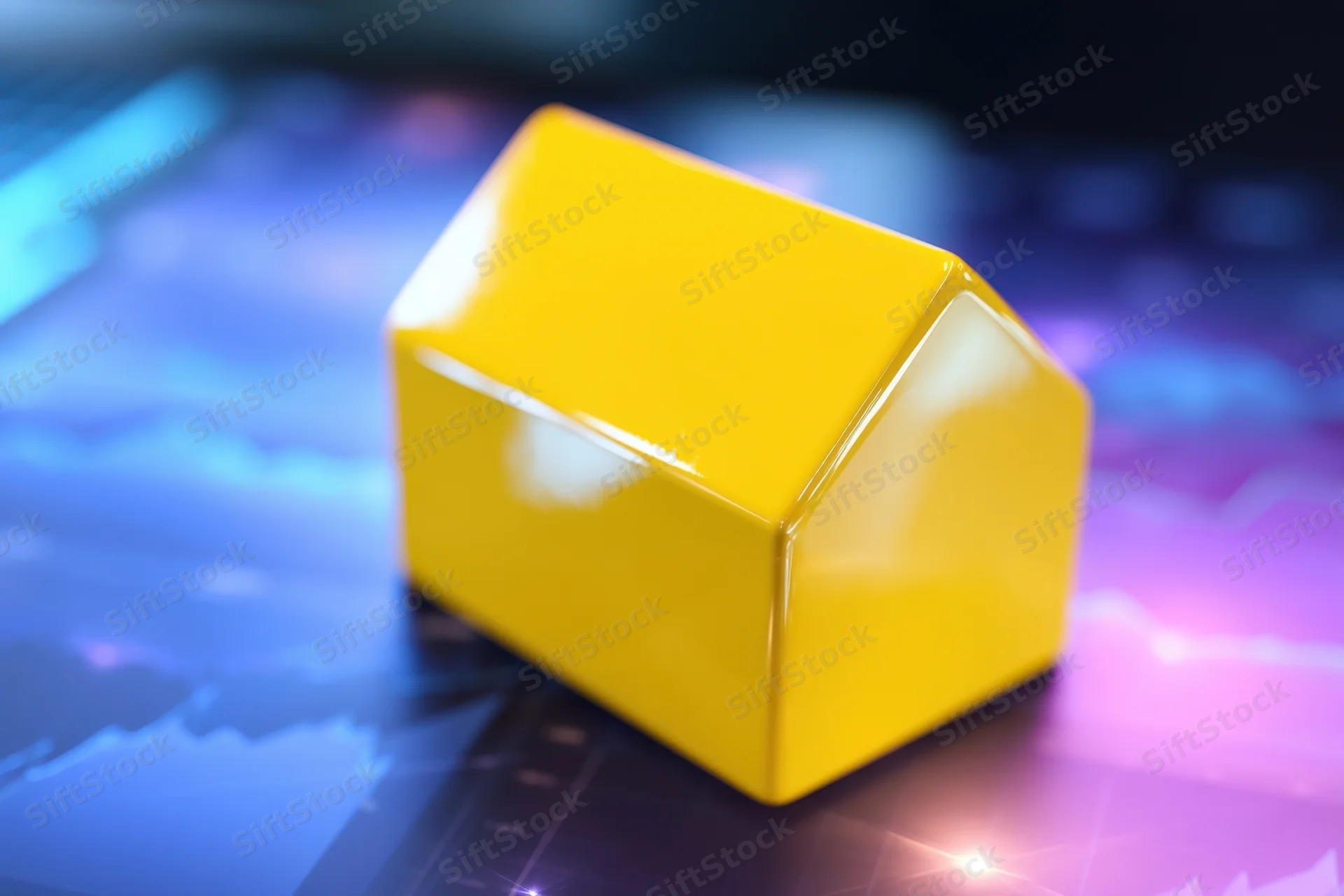 Glossy yellow house model on digital financial dashboard display