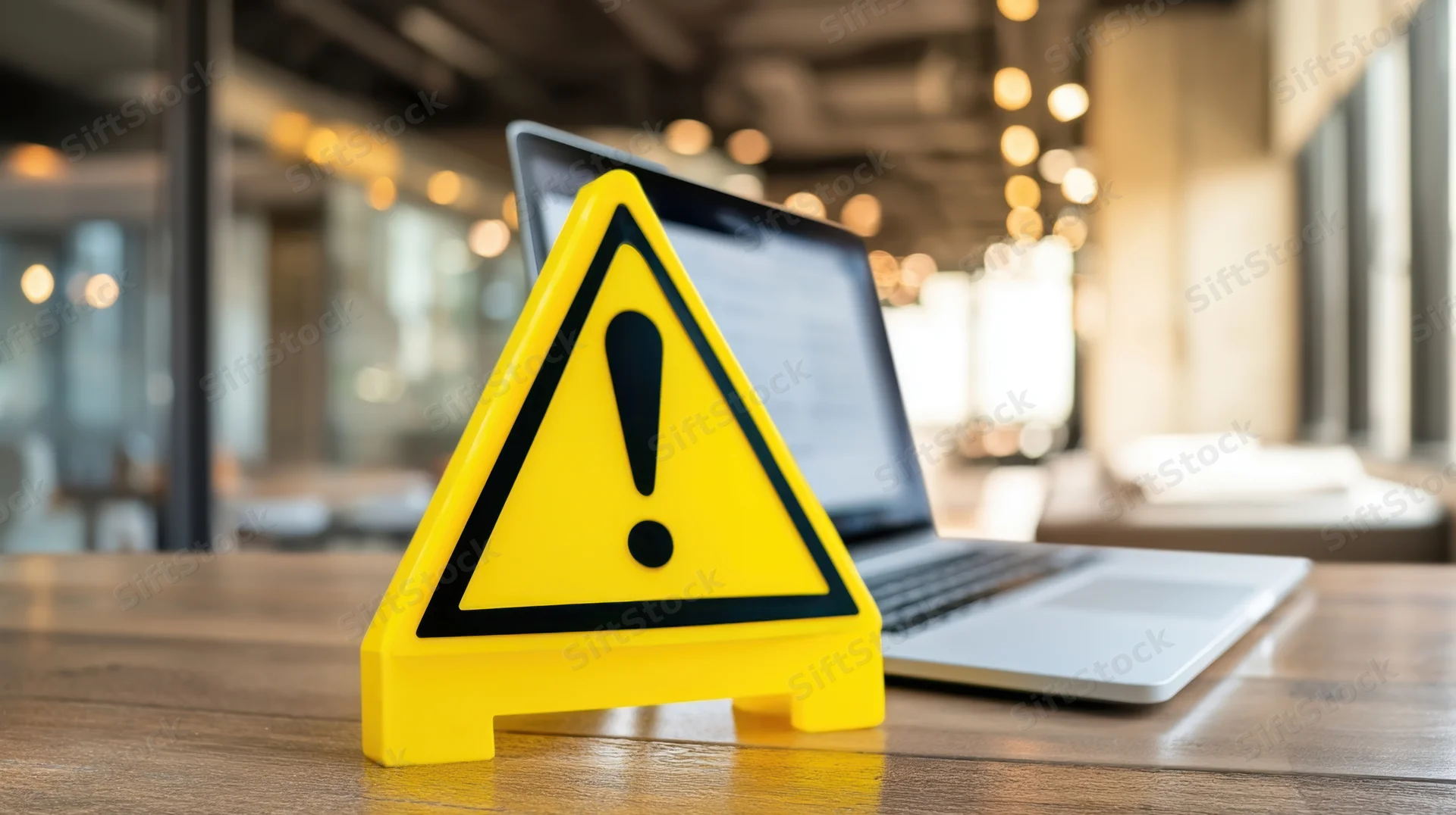 Yellow triangular warning sign with exclamation mark on wooden desk beside open laptop in modern office workspace