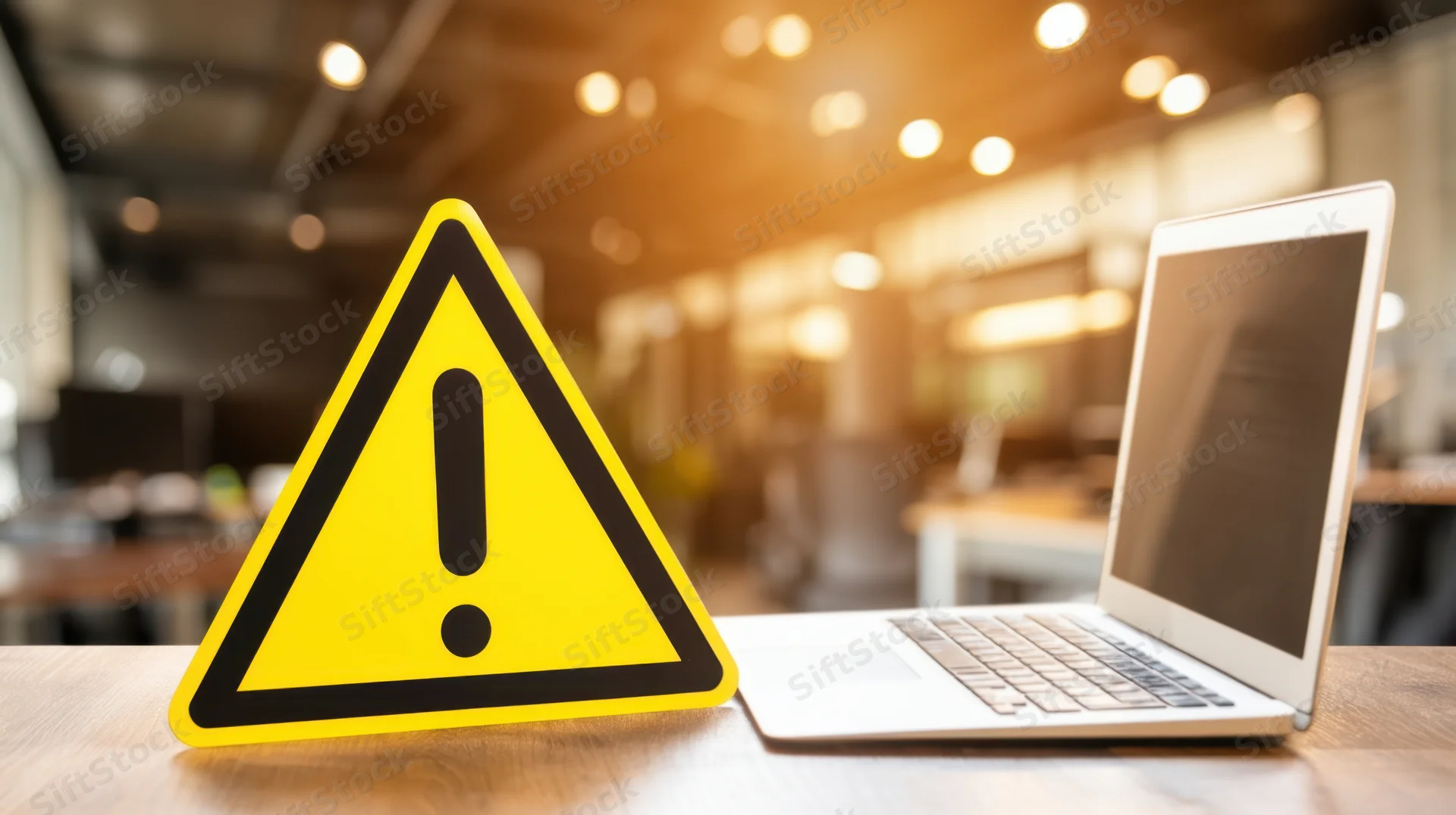 Yellow warning sign with exclamation mark next to open laptop on wooden desk in office workspace