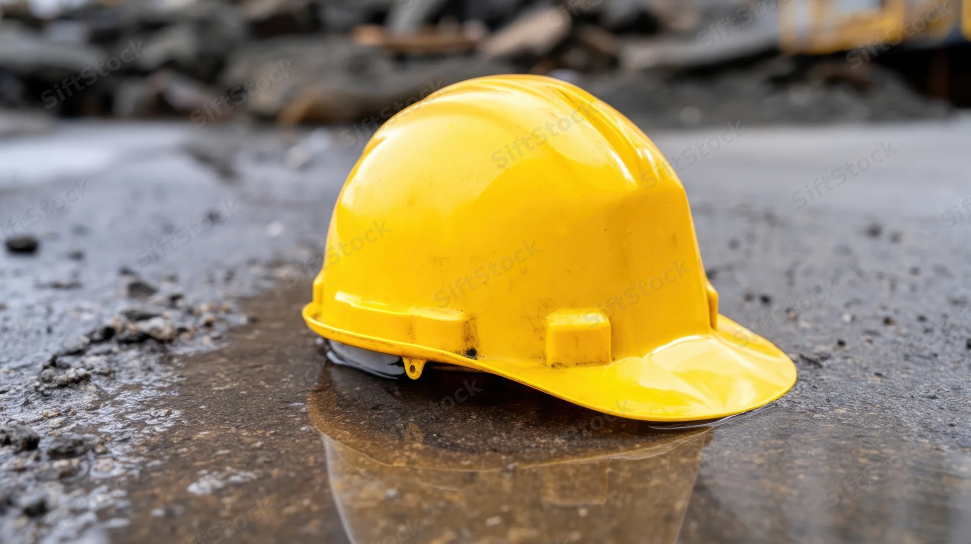 Yellow hardhat resting on wet pavement at construction site