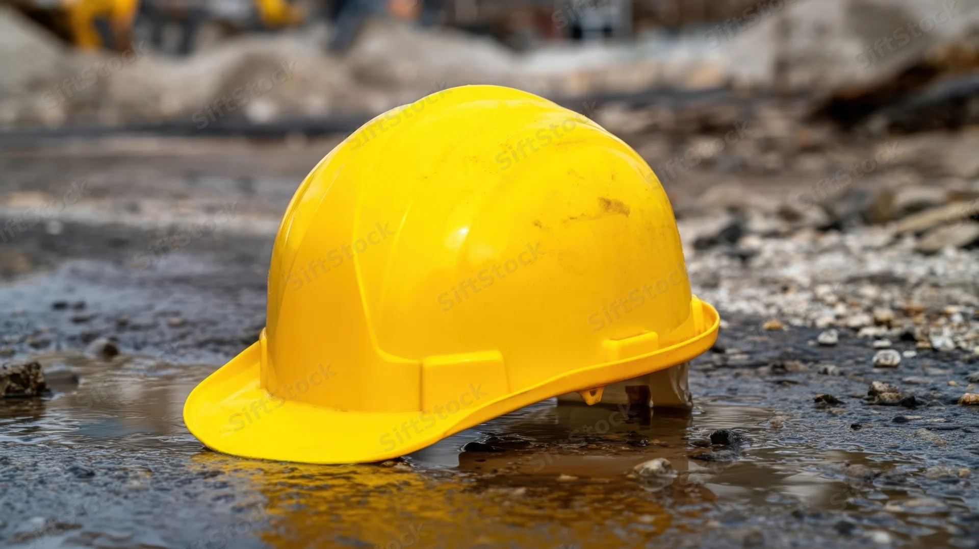 Yellow hardhat resting in muddy water at a construction site