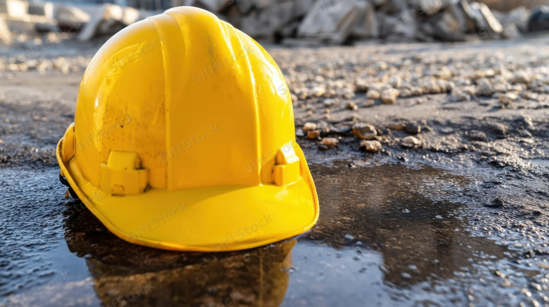 Yellow hardhat resting on wet asphalt at a construction site