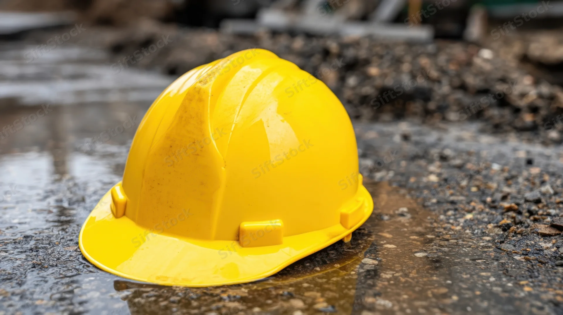 Yellow hardhat resting on wet ground at construction site