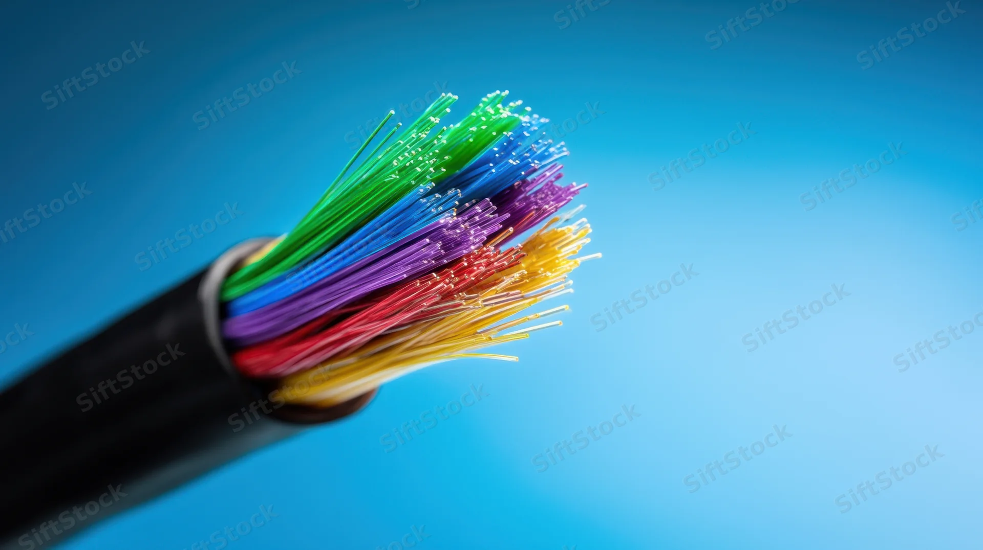 Closeup of multicolored fiber optic strands emerging from black cable against blue background