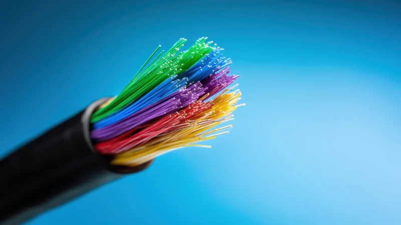 Closeup of multicolored fiber optic strands emerging from black cable against blue background