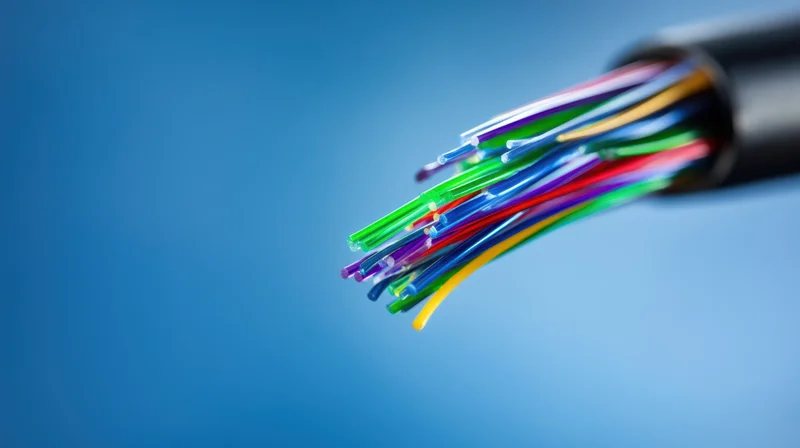 Closeup of multicolored fiber optic strands emerging from a black cable jacket against a blue background