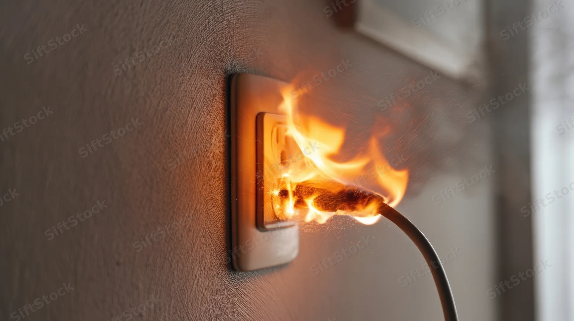 Burning electrical plug in wall socket emitting flames and smoke