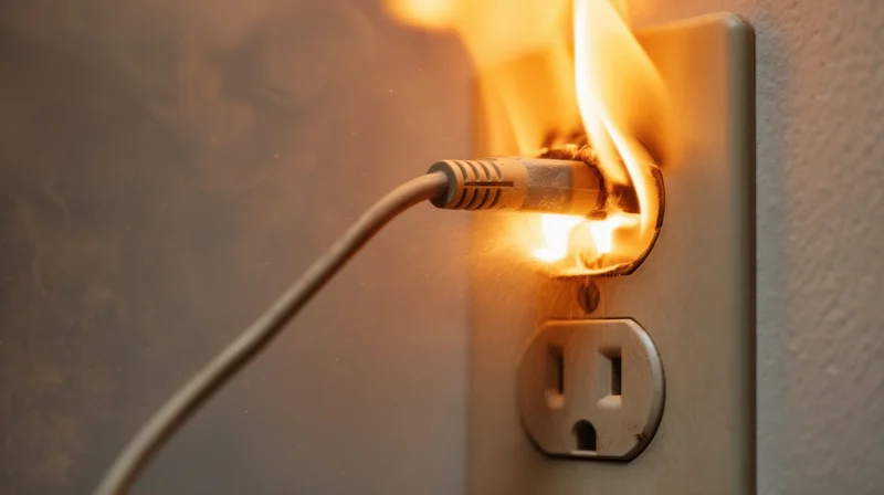 Burning electrical cord plugged into wall outlet emitting smoke and flames