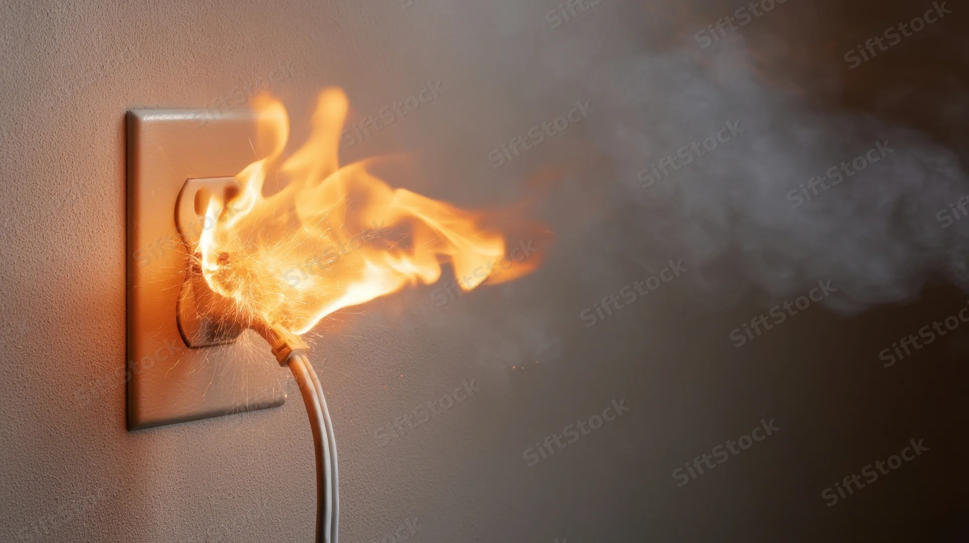 Burning electrical plug in wall outlet emitting flames and smoke