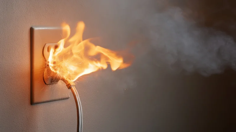 Burning electrical plug in wall outlet emitting flames and smoke