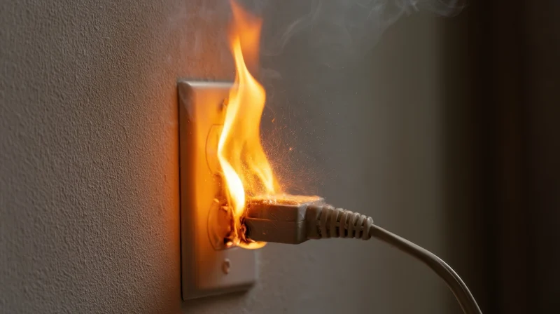 Burning electrical plug in wall outlet emitting smoke and flames