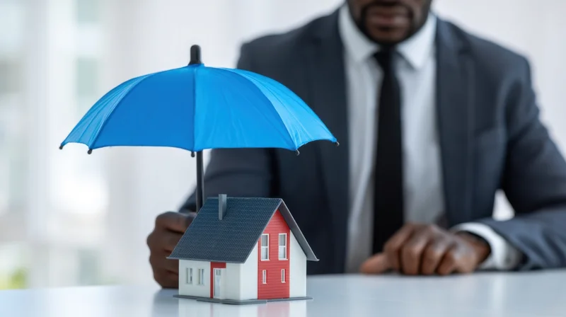 Man in suit holding blue umbrella over small house model on desk