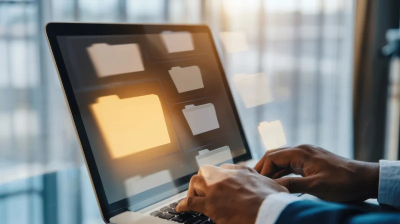 Hands typing on laptop with digital folders displayed on screen in office setting