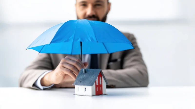 Man in suit holding blue umbrella over small house model on desk