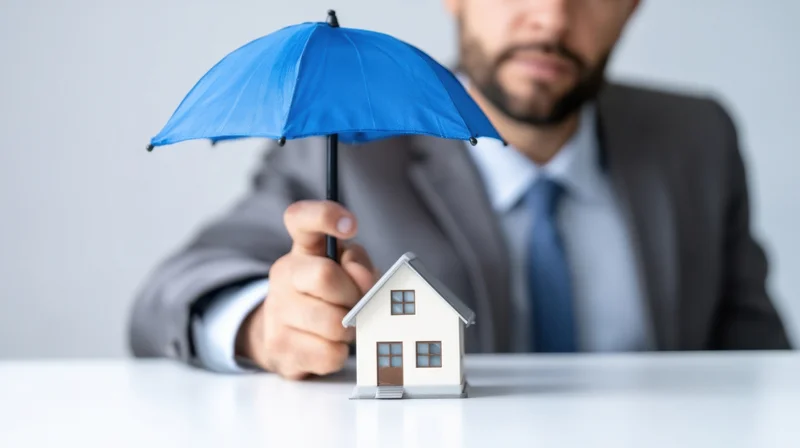 Man in suit holding blue umbrella over small house model on desk