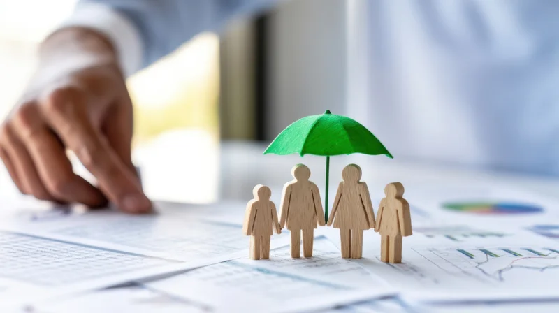 Wooden family figures under green umbrella on documents with hand pointing nearby