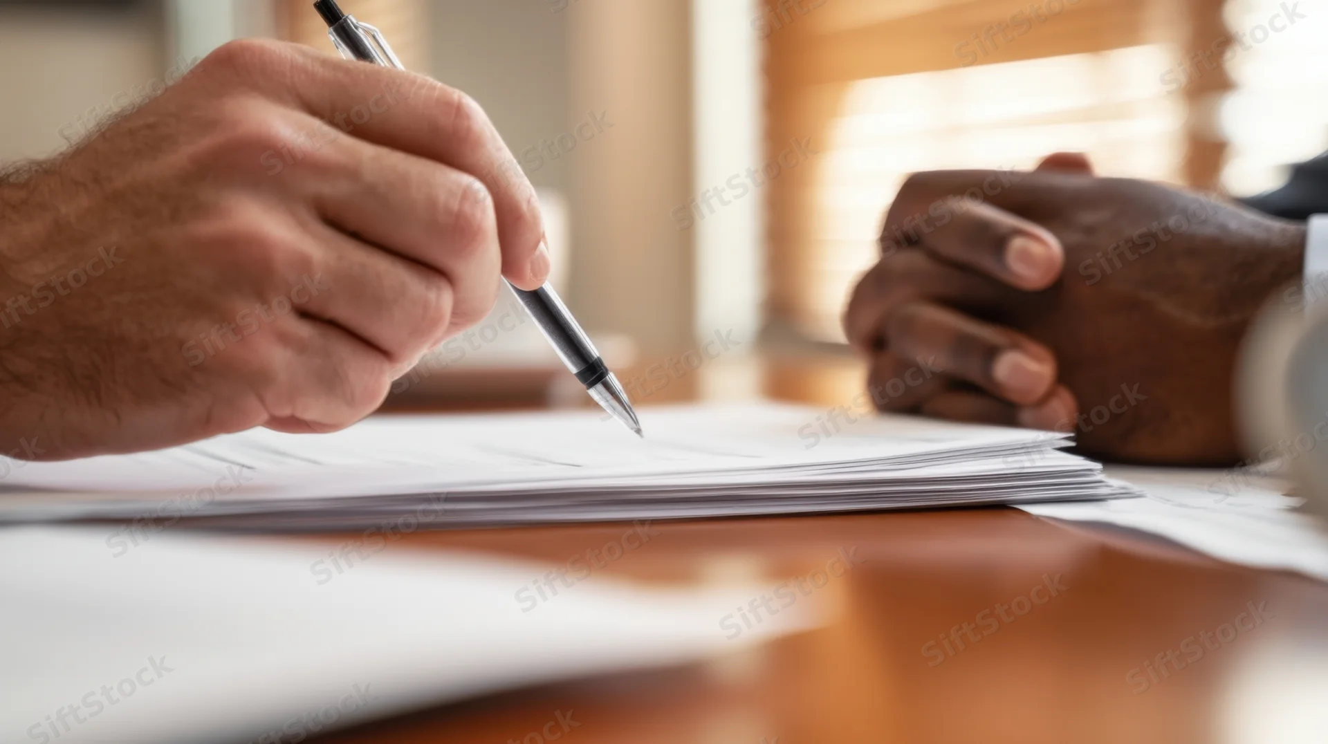 Man signing a document at a desk with another person's hand resting nearby in an office setting