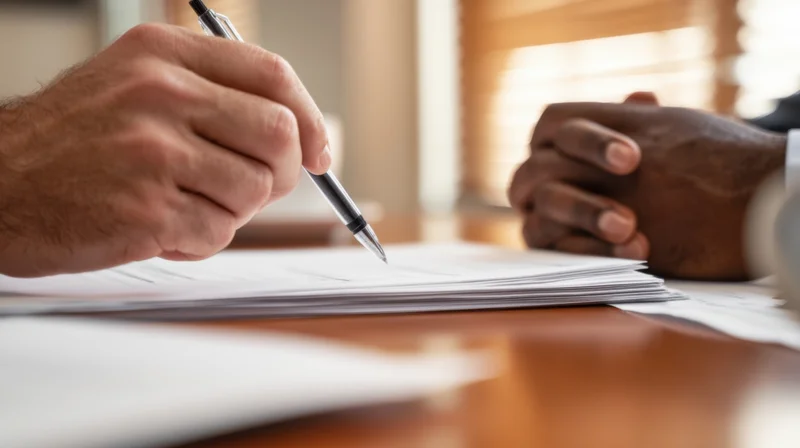 Man signing a document at a desk with another person's hand resting nearby in an office setting