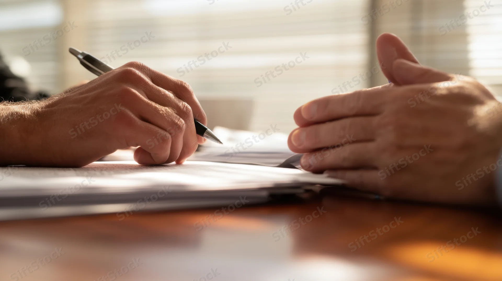 Hands signing documents at a desk in an office meeting