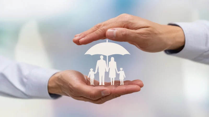Hands cradling a paper cutout family under an umbrella symbolizing protection and insurance coverage