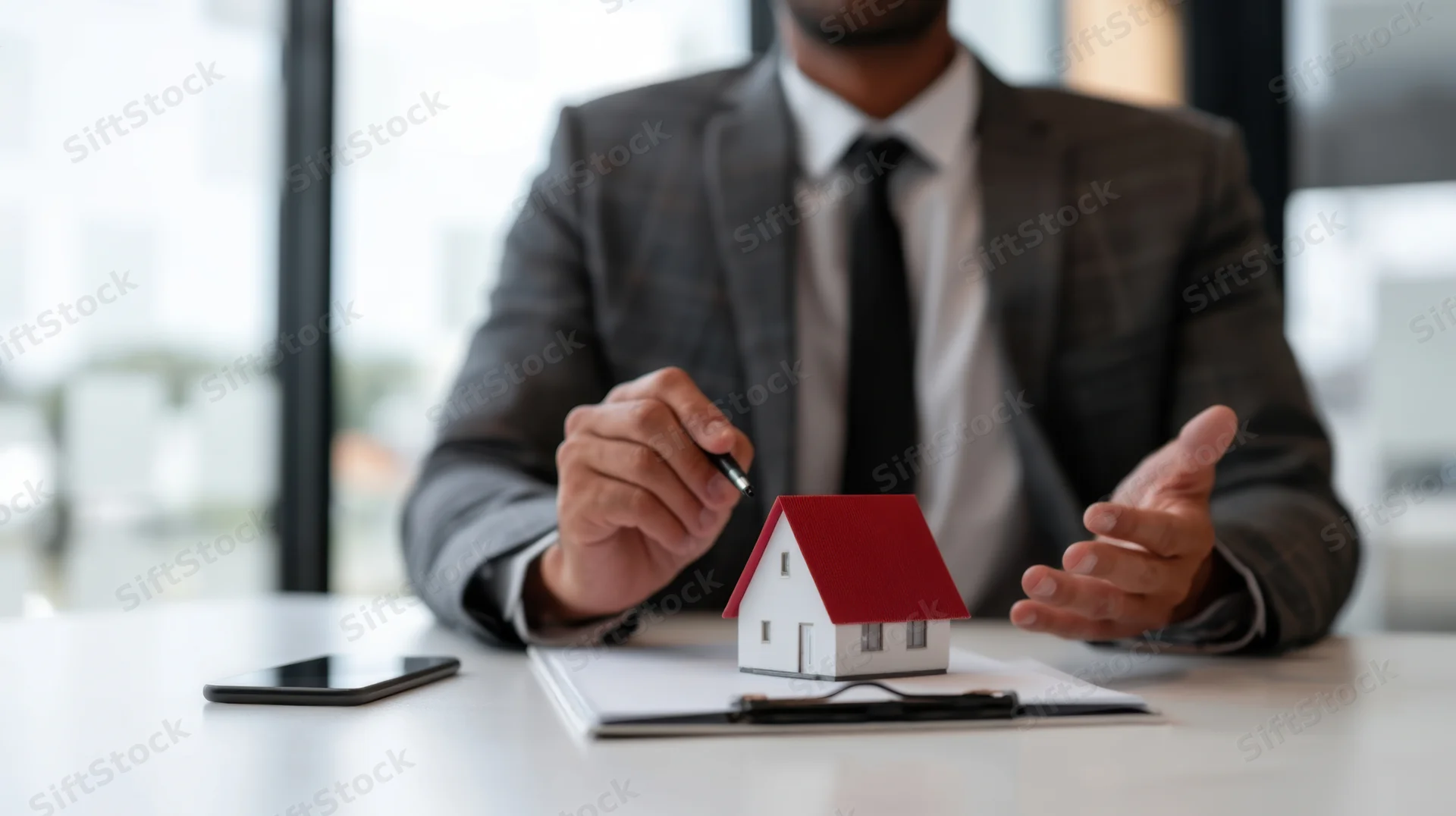 Man in suit gesturing over house model on desk in office