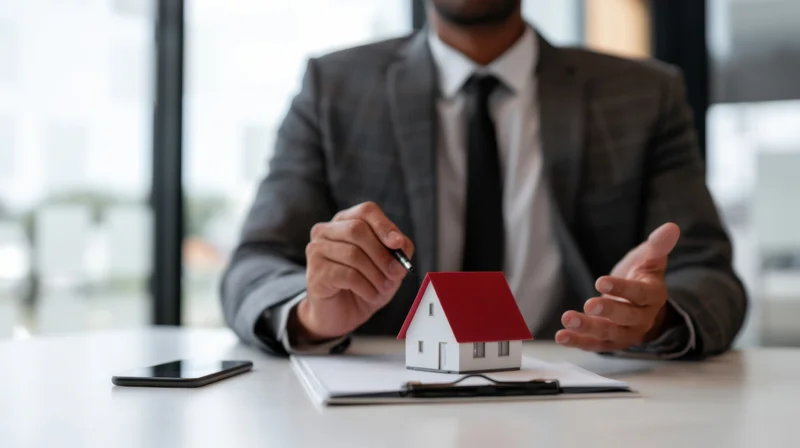 Man in suit gesturing over house model on desk in office