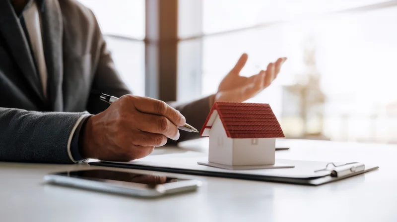 Businessman holding pen and gesturing near house model on office desk