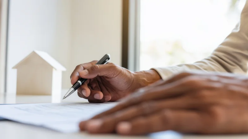 Man signing a real estate contract at a desk with a house model nearby
