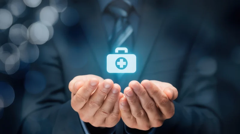 Man in suit holding glowing medical symbol in hands