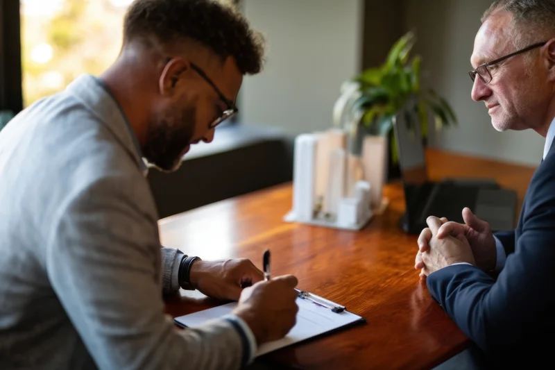 Two men in a business meeting signing a document at a wooden desk in an office